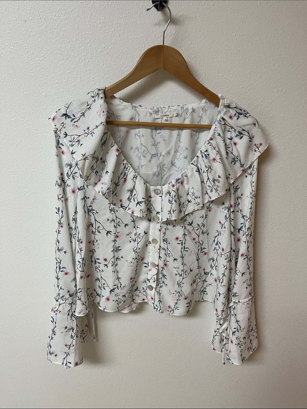 Tularosa White Floral Ruffle Button-Front Blouse women’s size XS